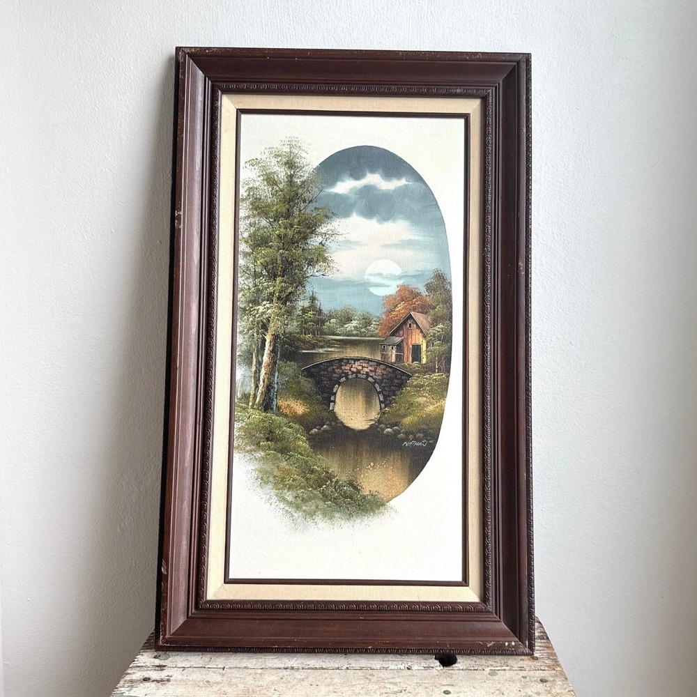 Vintage Nathan Oil Painting Landscape Stone Bridge Cabin Moonlit Framed Art